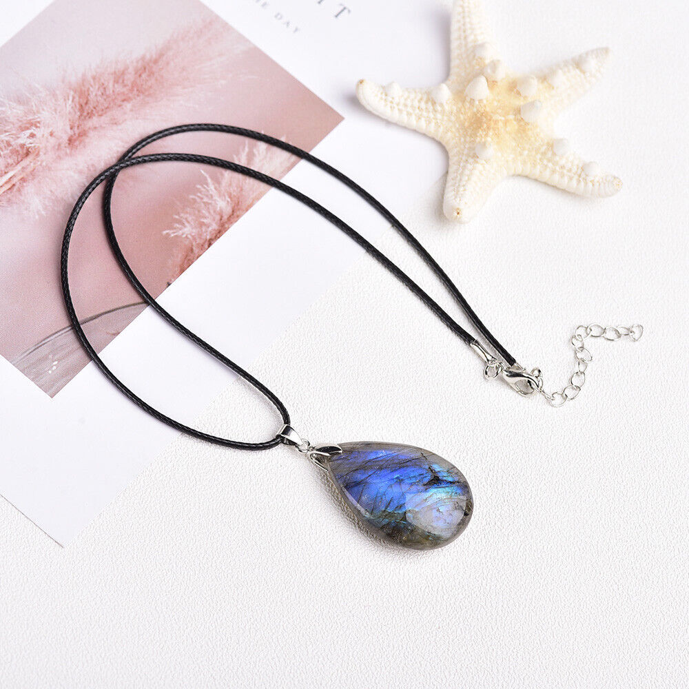 Natural Labradorite Oval Water Drop Necklace Crystal Pendant Stone Reiki Healing