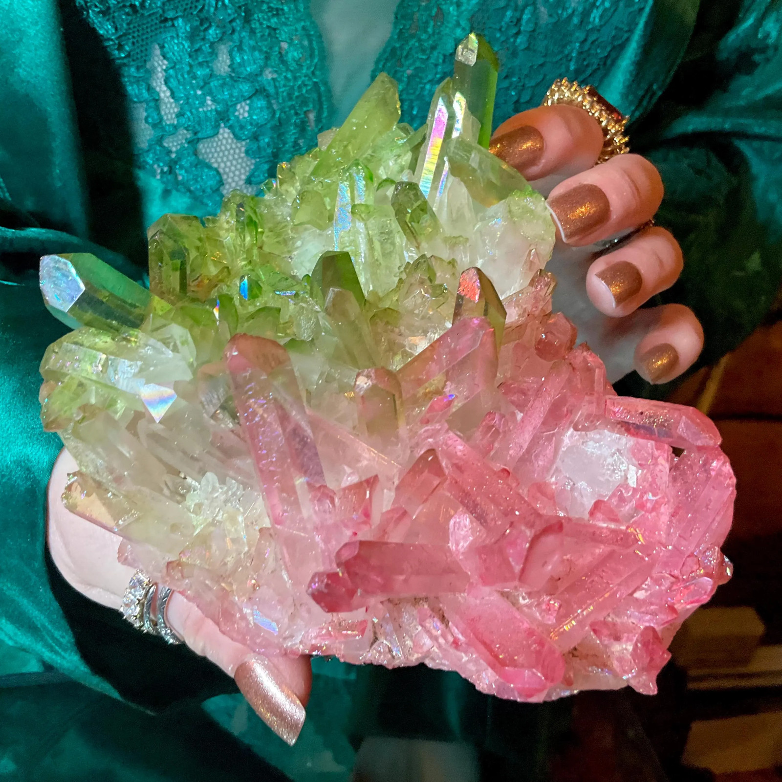 Pink & Green Aura Quartz Crystal Cluster ~ Large 1 Lb. 5 oz. ~ 6″ Long ~ Electr