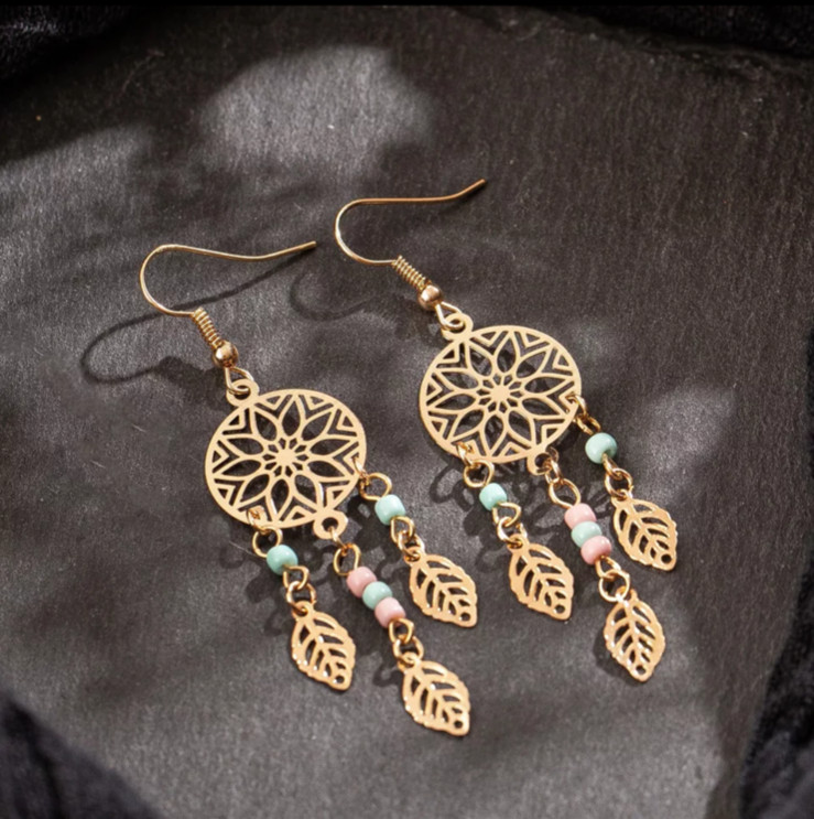 Women’s Fashion Jewelry Gold Tribal Feather Dream Catcher Drop Earrings