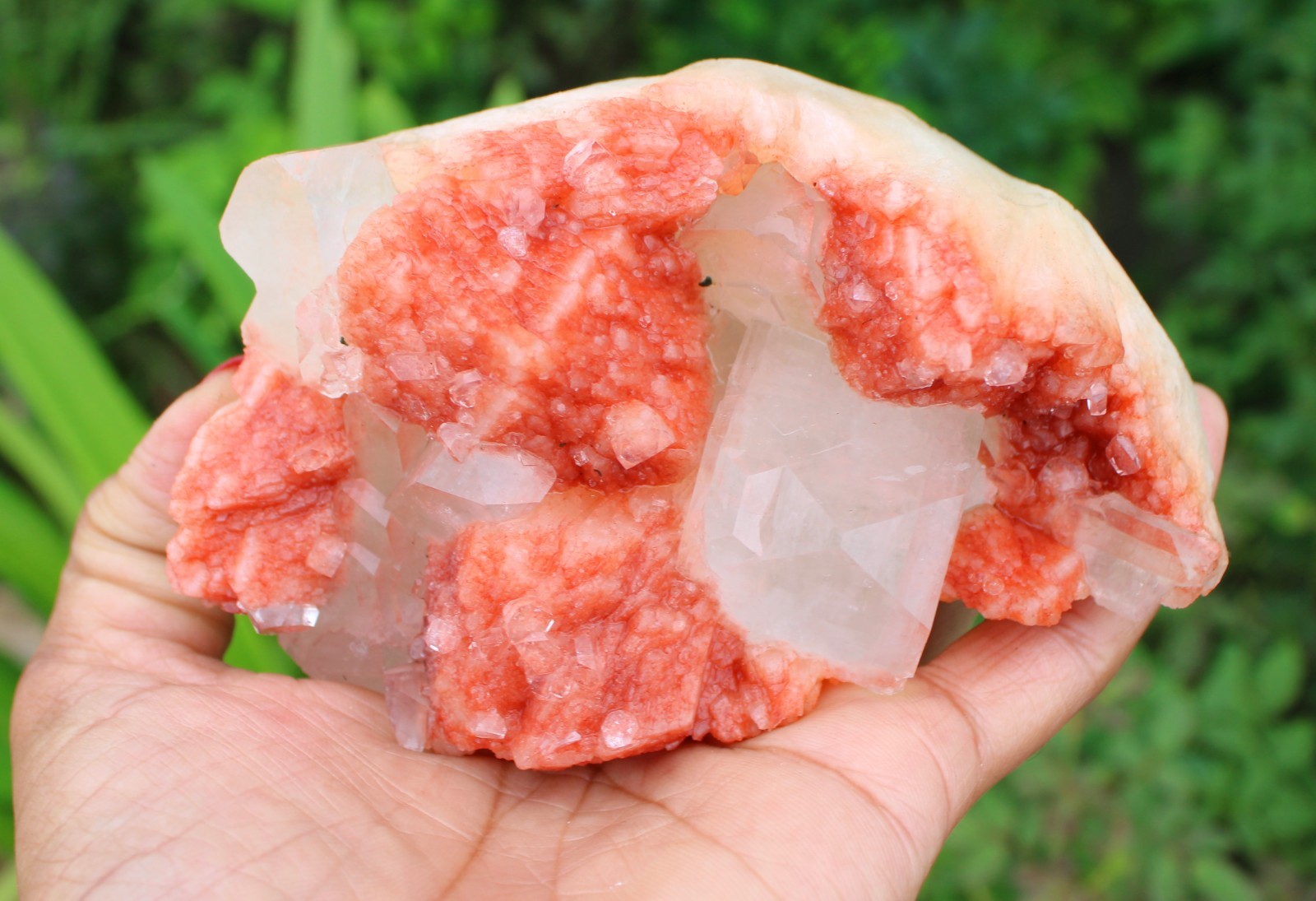 APOPHYLLITE CRYSTAL ON RED STILBITE MATRIX MINERAL SPECIMEN