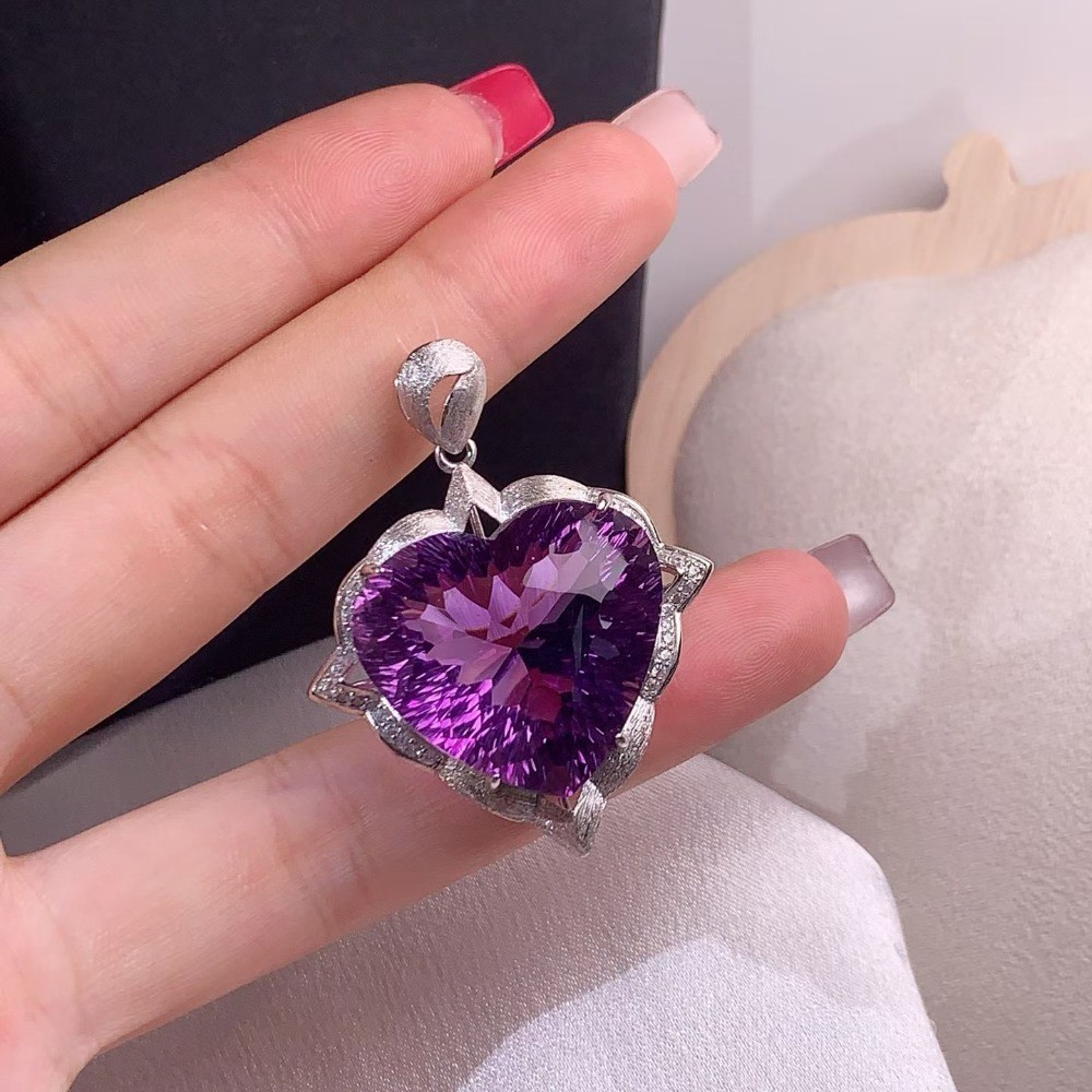 Natural Amethyst 55.2ct Pendant Necklace S925 Silver Plated 18K Gold Gemstone