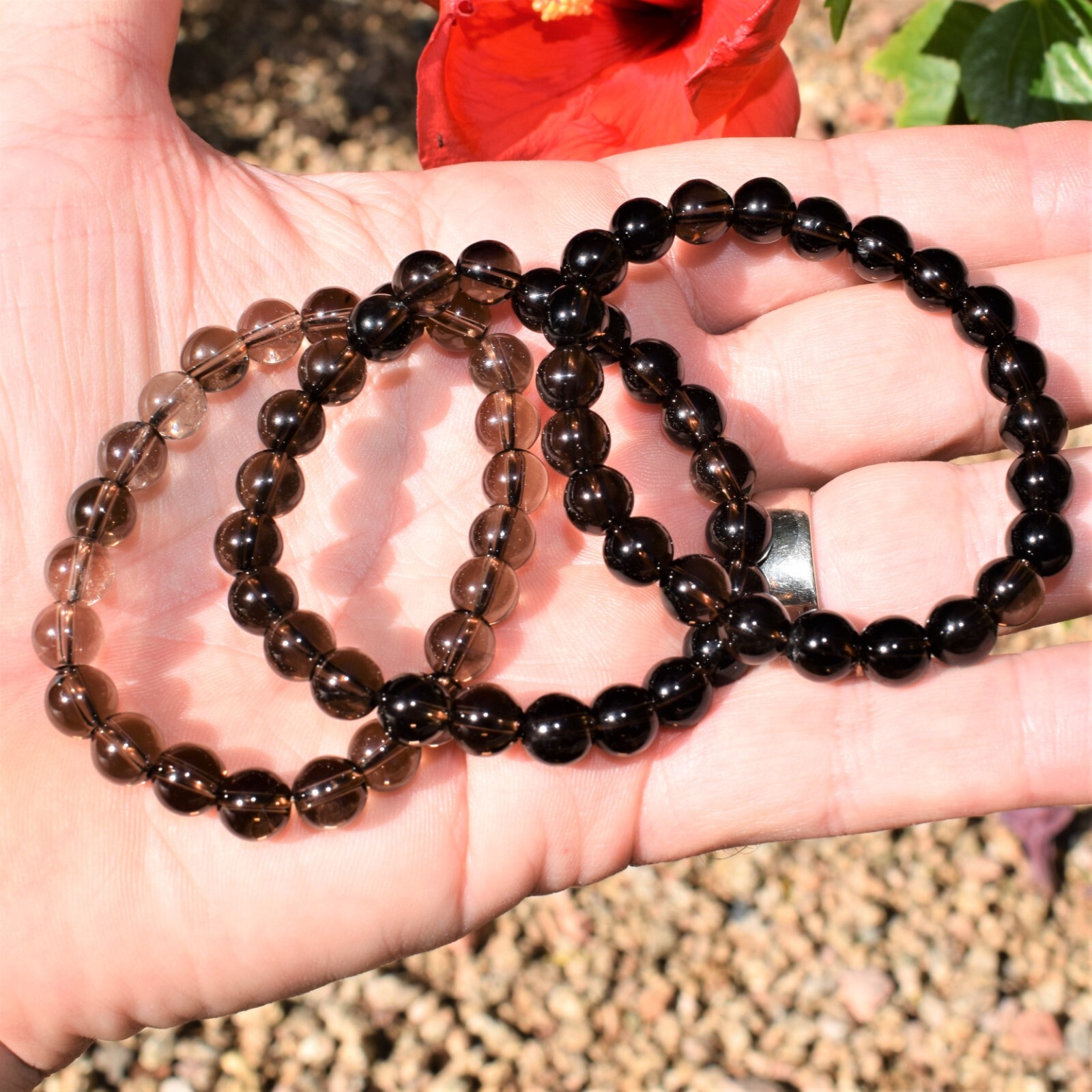 CHARGED Smokey Quartz Crystal 8mm Stretchy Bracelet + Baby Selenite Puffy Heart