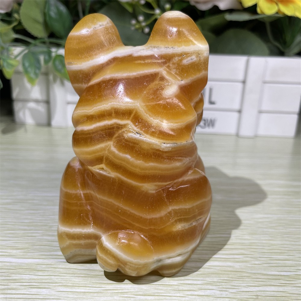 1.7LB 4.1″ Natural Yellow Calcite Dog Quartz Crystal Carving Reiki Home Gift