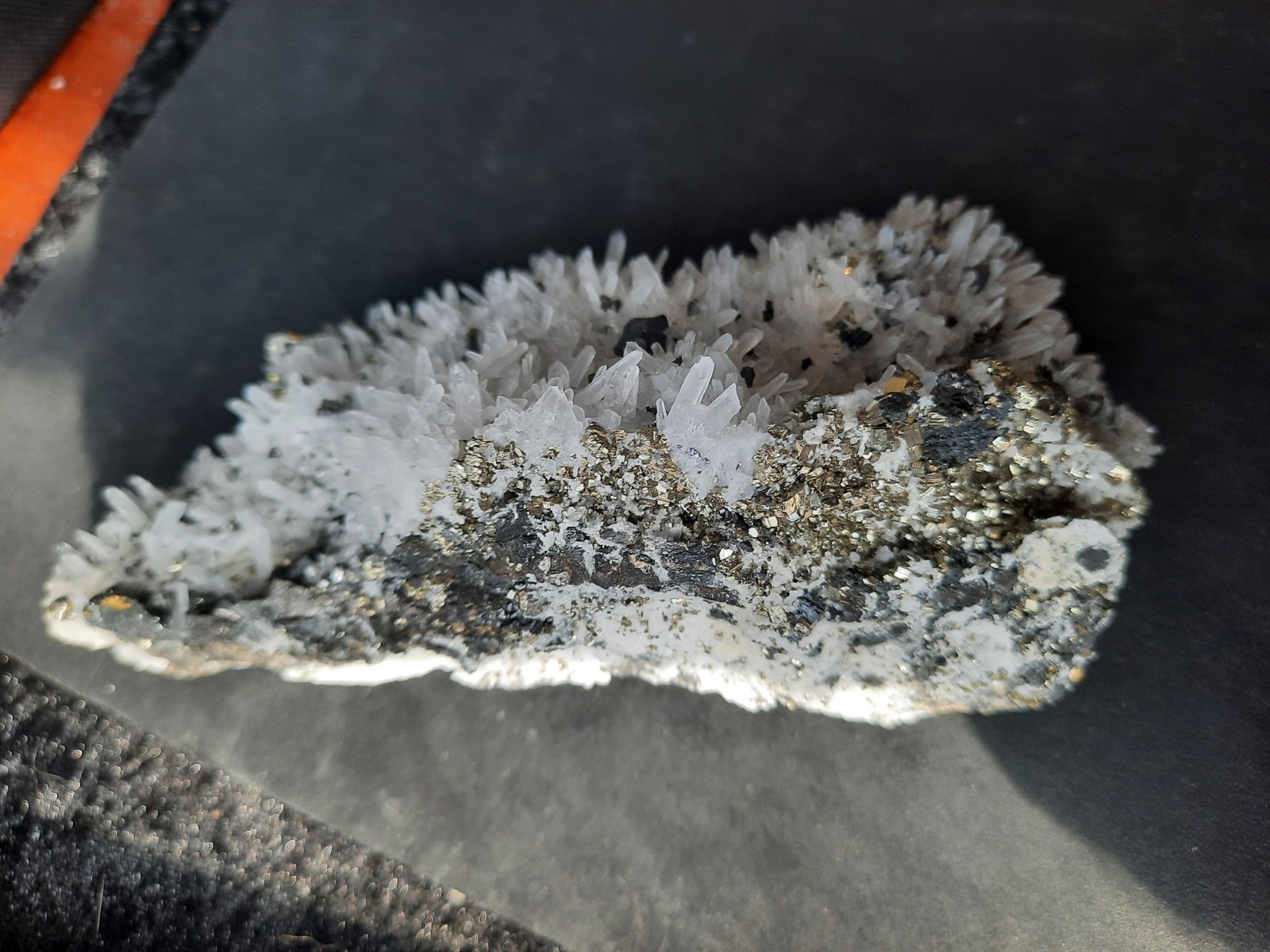 Long Quartz Crystal Cluster with Sphalerite and Pyrite Crystals Peru 372gr