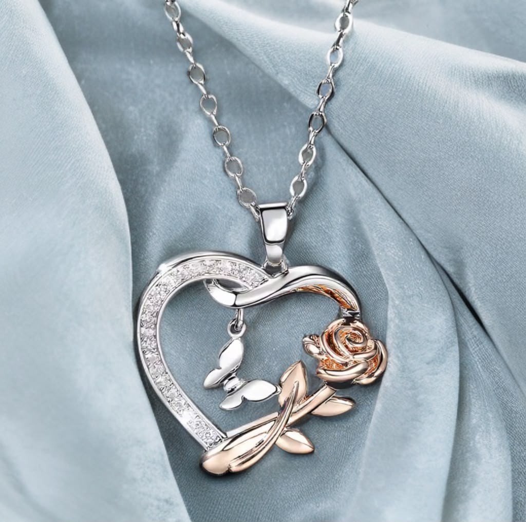Two Tone Heart Necklace Rose Butterfly Pendant Jewelry Gift For Wife Girlfriend