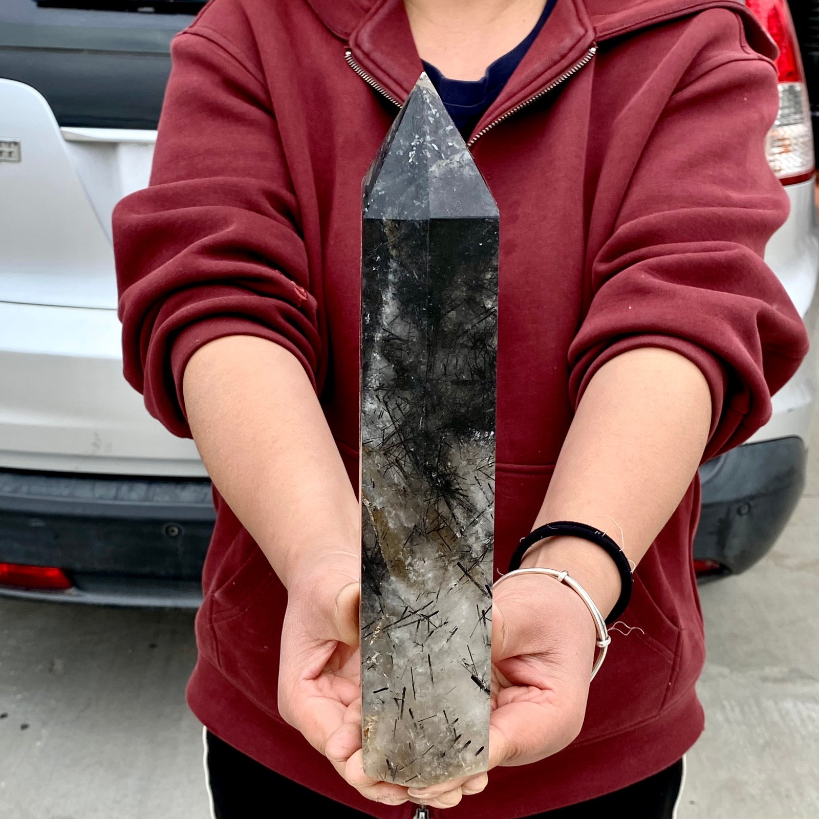 3.4LB Natural Black Hair Quartz Obelisk Crystal Energy Point Wand Reiki Decor