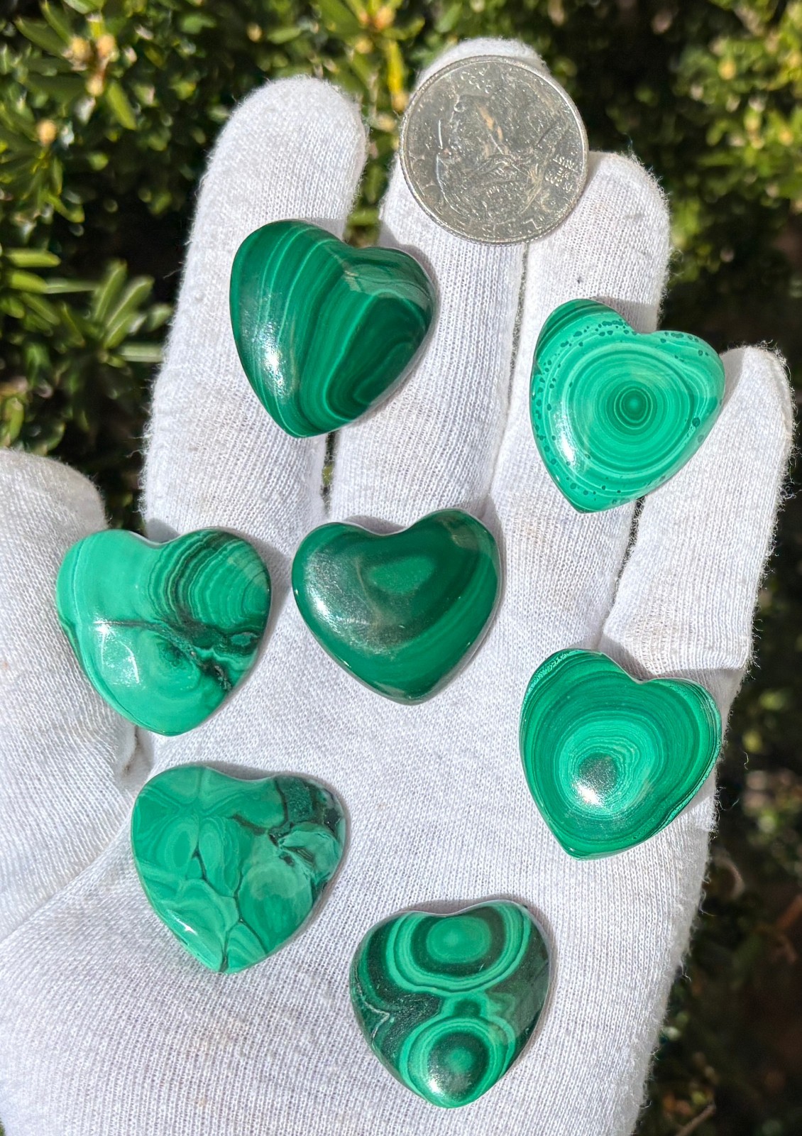 USA SALE 67g LOT 7 MALACHITE POLISHED SMALL HEARTS HEART POCKET PALMSTONE PALM