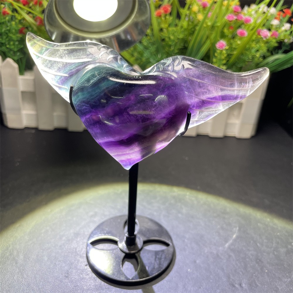 0.6LB 5.3″ A++Natural Rainbow Fluorite Love Wings Ornament Reiki Crystal Quartz