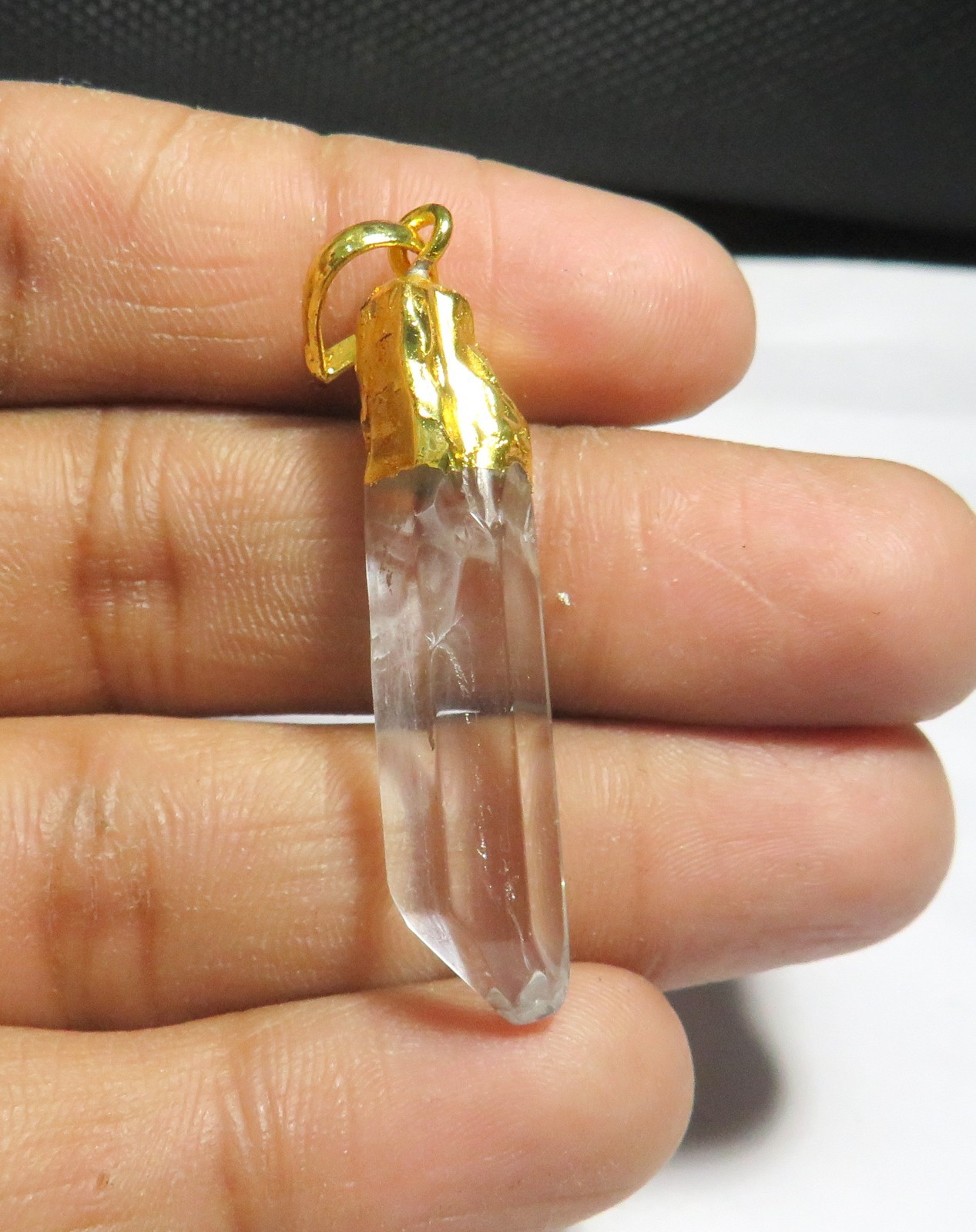 Natural Clear Quartz Crystal Point Pendant Gold Electroplated Pencil 41x8x7mm