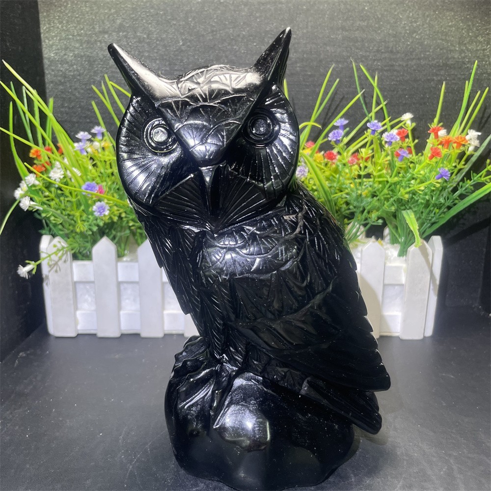 5LB 8.2″Natural Black Obsidian Owl Crystal Healing Decor Ornament Hand Carved