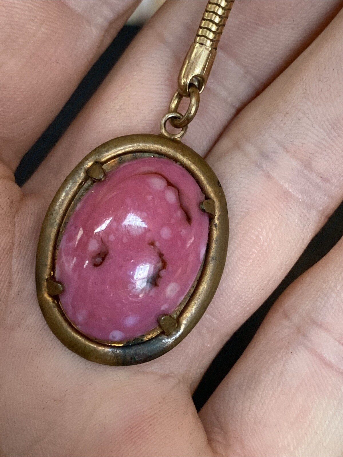 Vintage Pink RHODONITE Heart Gemstone Polished Cabochon Keychain Fob Oval Brass