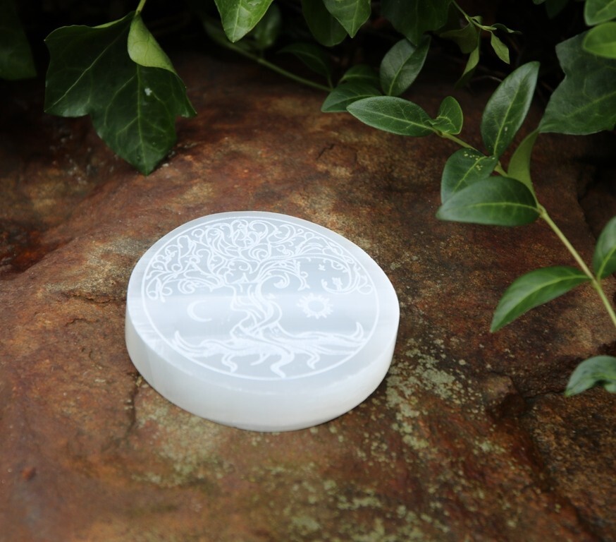 Selenite Energy Round Charging Plate Dish Tree Moon and Sun Crystal