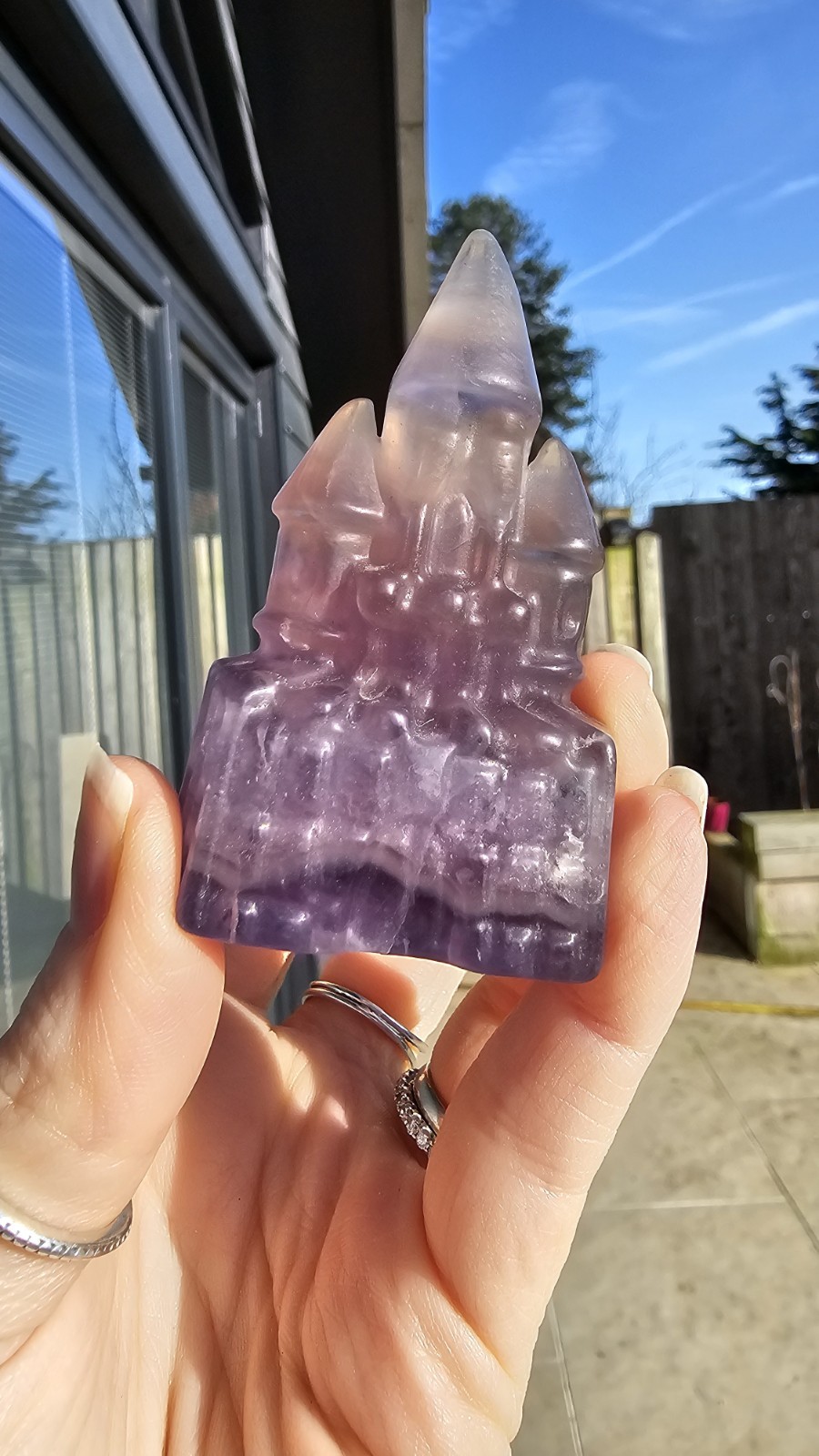 Rainbow fluorite pink purple castle Carving Crystal 6.8cm 104g