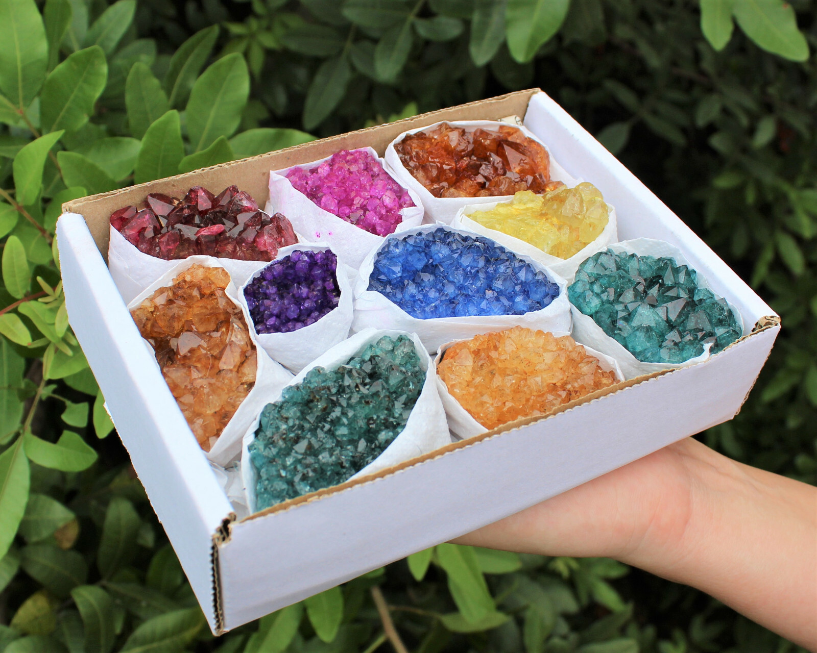 Dyed Amethyst Clusters / Amethyst Geodes: Box Lot of 9 – 16 Pieces Collection