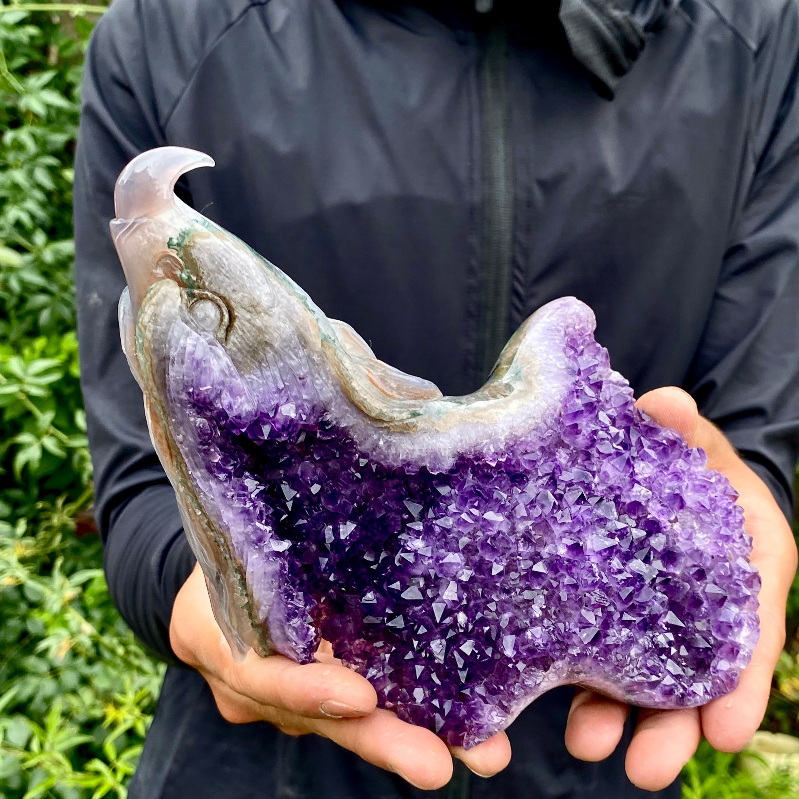 2.2LB Natural Banded Agate Geode Eagle Head Hand Carved Stone Ornament for Coll