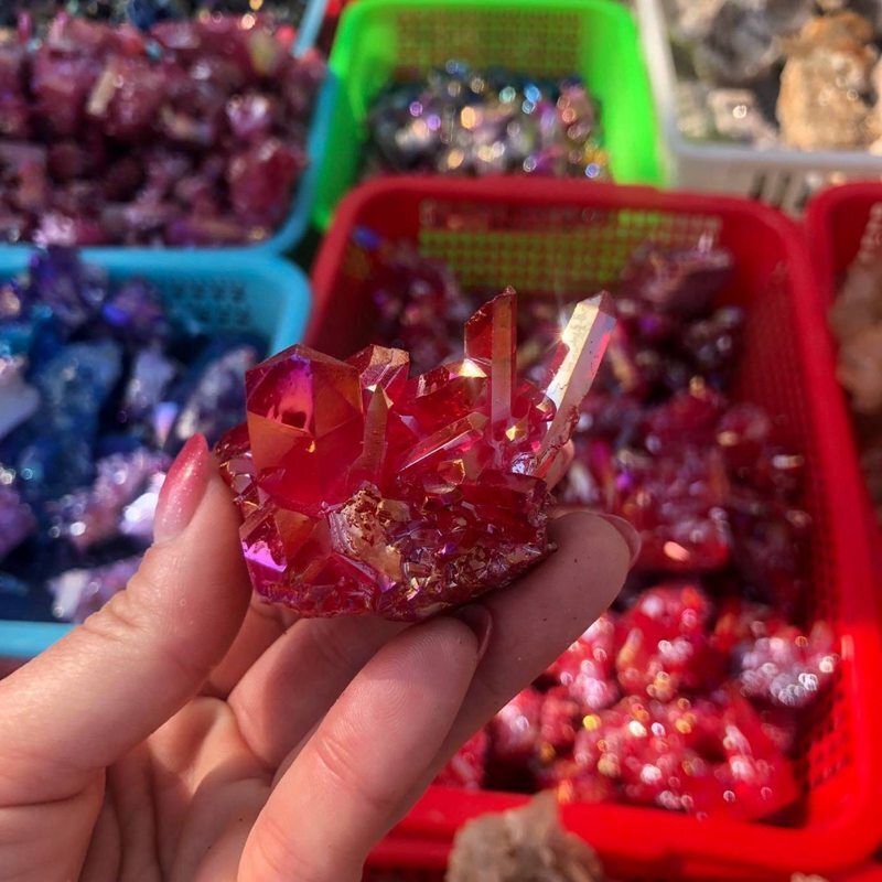 50g Natural Aura Red Titanium Geode Quartz Crystal Cluster Rough Gemstone Reiki