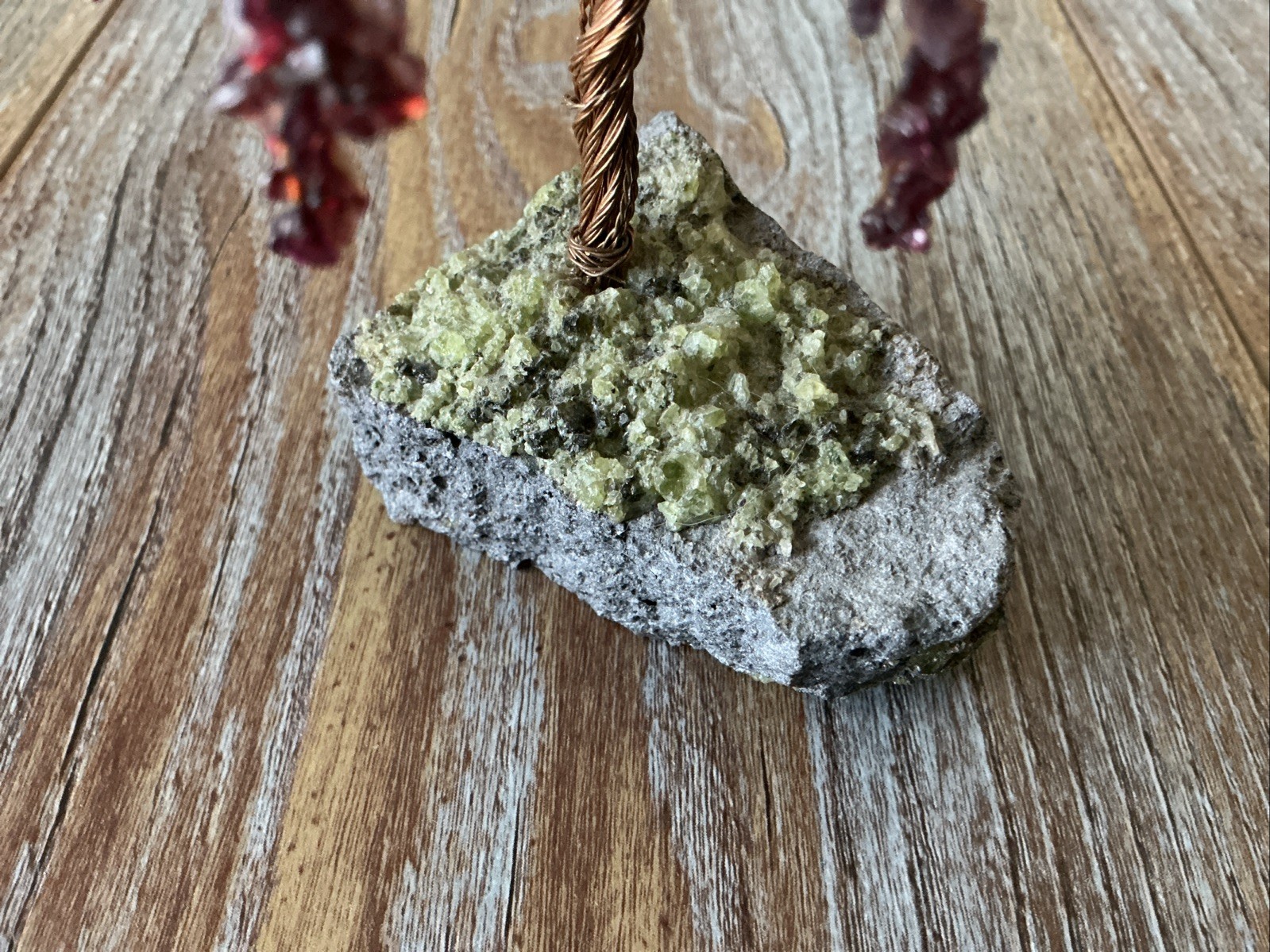 Vintage Gemstone Chip Bonsai Tree Sculpture On Natural Rock Base 4” Handmade Art