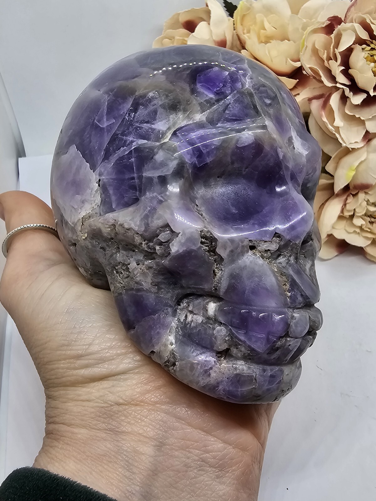 Large Chevron Dream Amethyst Skull carving crystal purple 734g 9x7x6cm