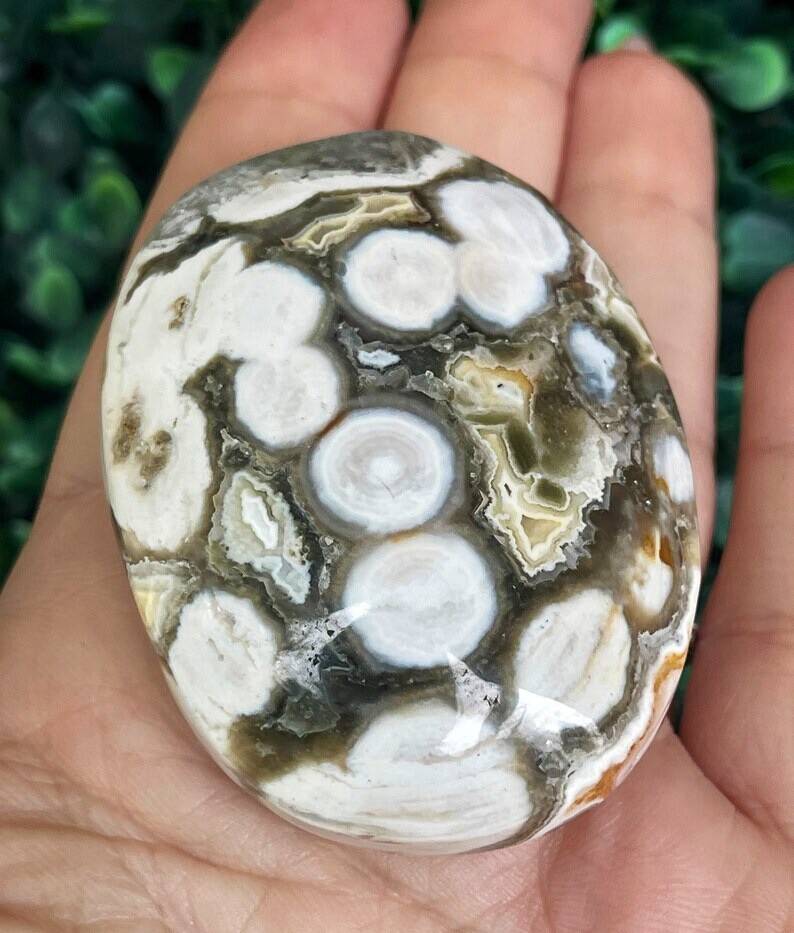 8th Vein Ocean Jasper Big Palmstone with Orbs and Quartz Collectors Crystal