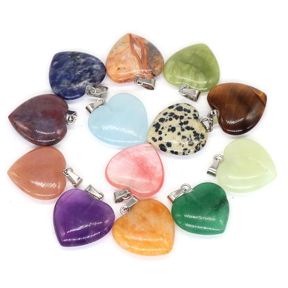 Wholesale 10pcs Assorted Nature Stone Heart Charms Pendants for Jewelry 20mm