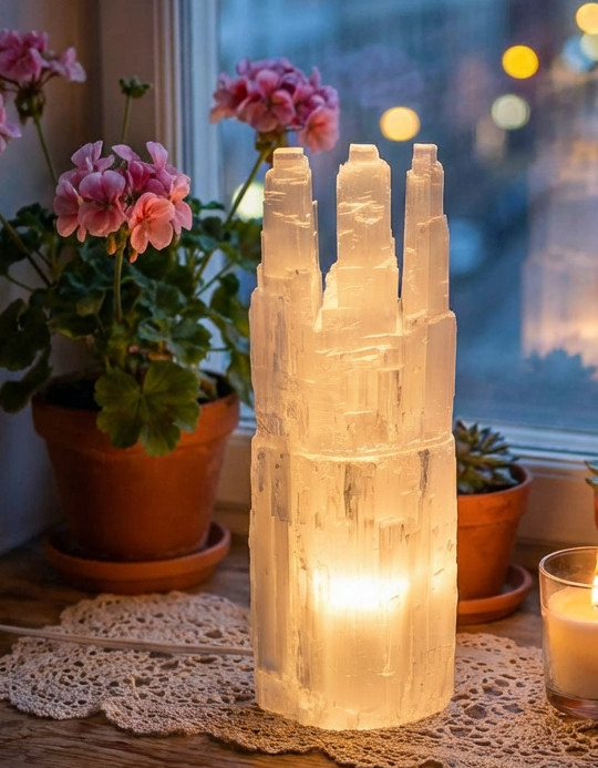 XX-LARGE SELENITE CRYSTAL TRIPLE TOWER LAMP – STANDING DISPLAY HEALING CRYSTAL