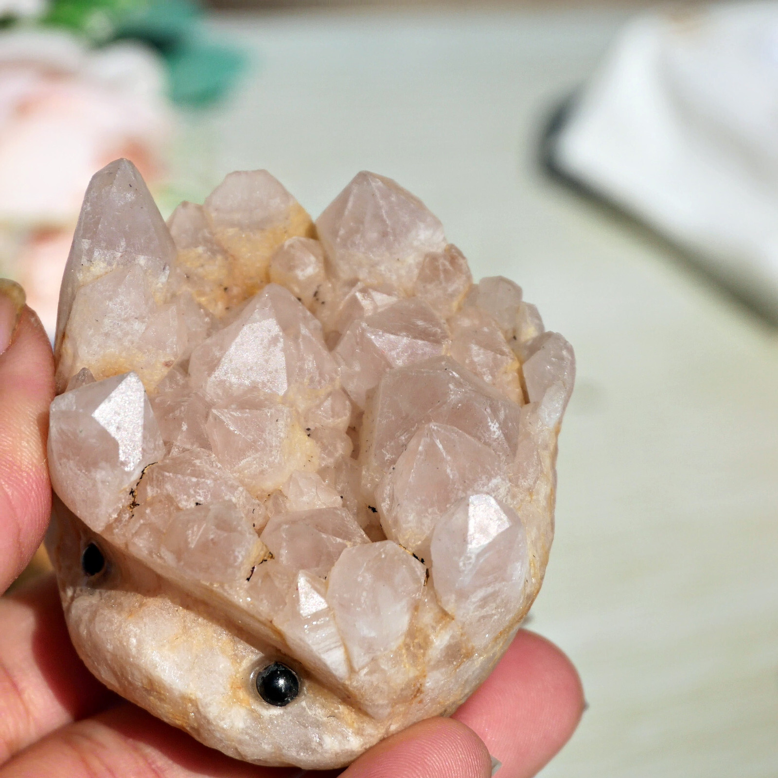 Clear Quartz Crystal Cluster 2.3″ Carved Animal Smiley Face Raw Base Desk Decor