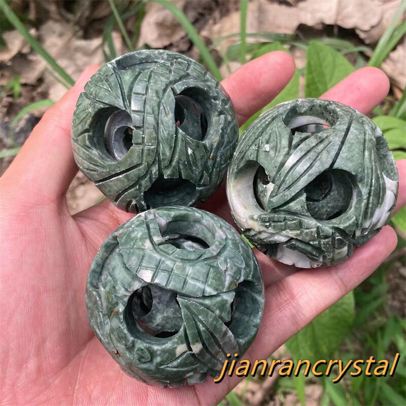 2″ Natural green jade Exquisite sphere Carved Quartz Crystal ball healing 1pc
