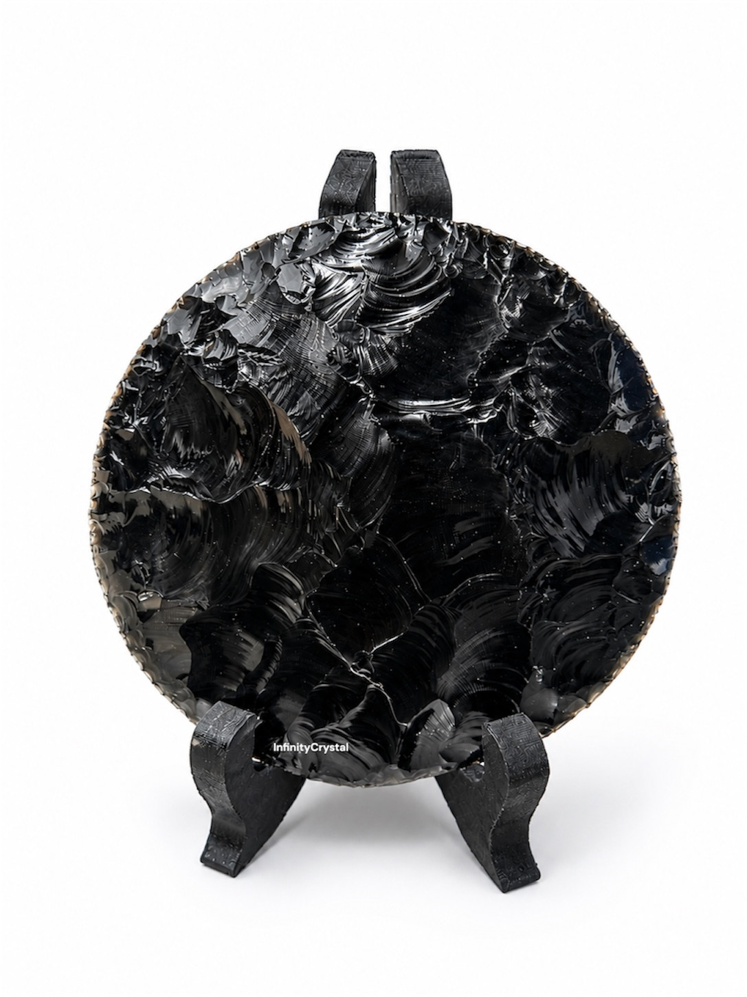 Black Obsidian Disc Round Sculpture Home Office Display Ornament, Display Stand