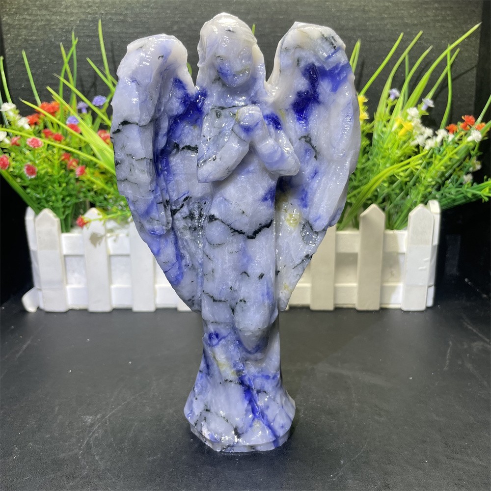 1.5LB 7.2″ Natural Sodalite And Quartz Angel Carving Crystal Quartz UV Reiki