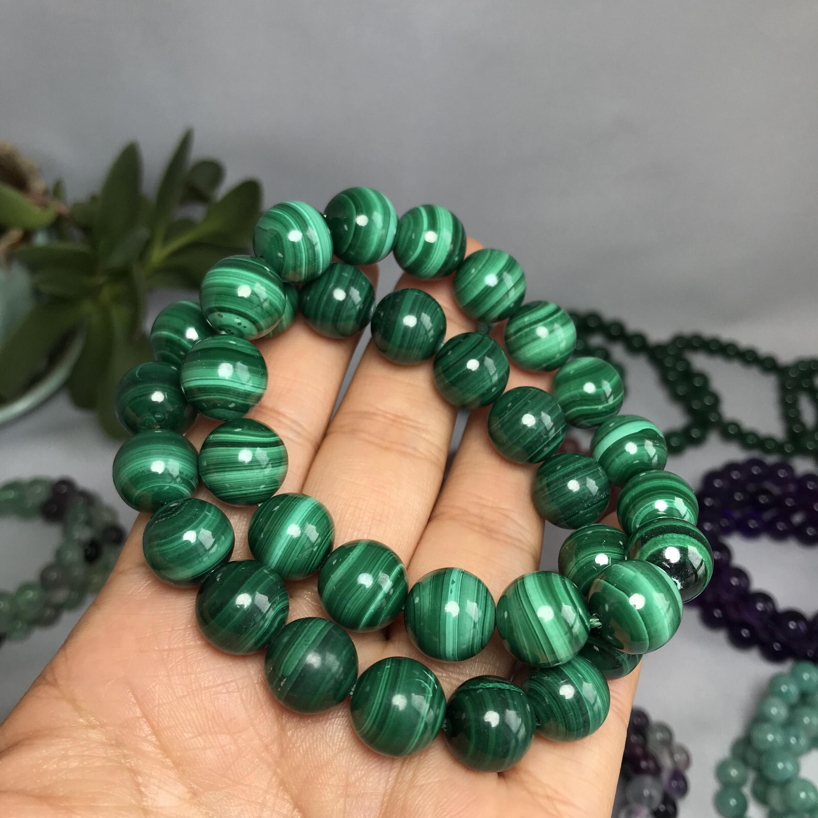 12mm Natural malachite gemstone Crystal chain beads bracelet 62-33g A5261