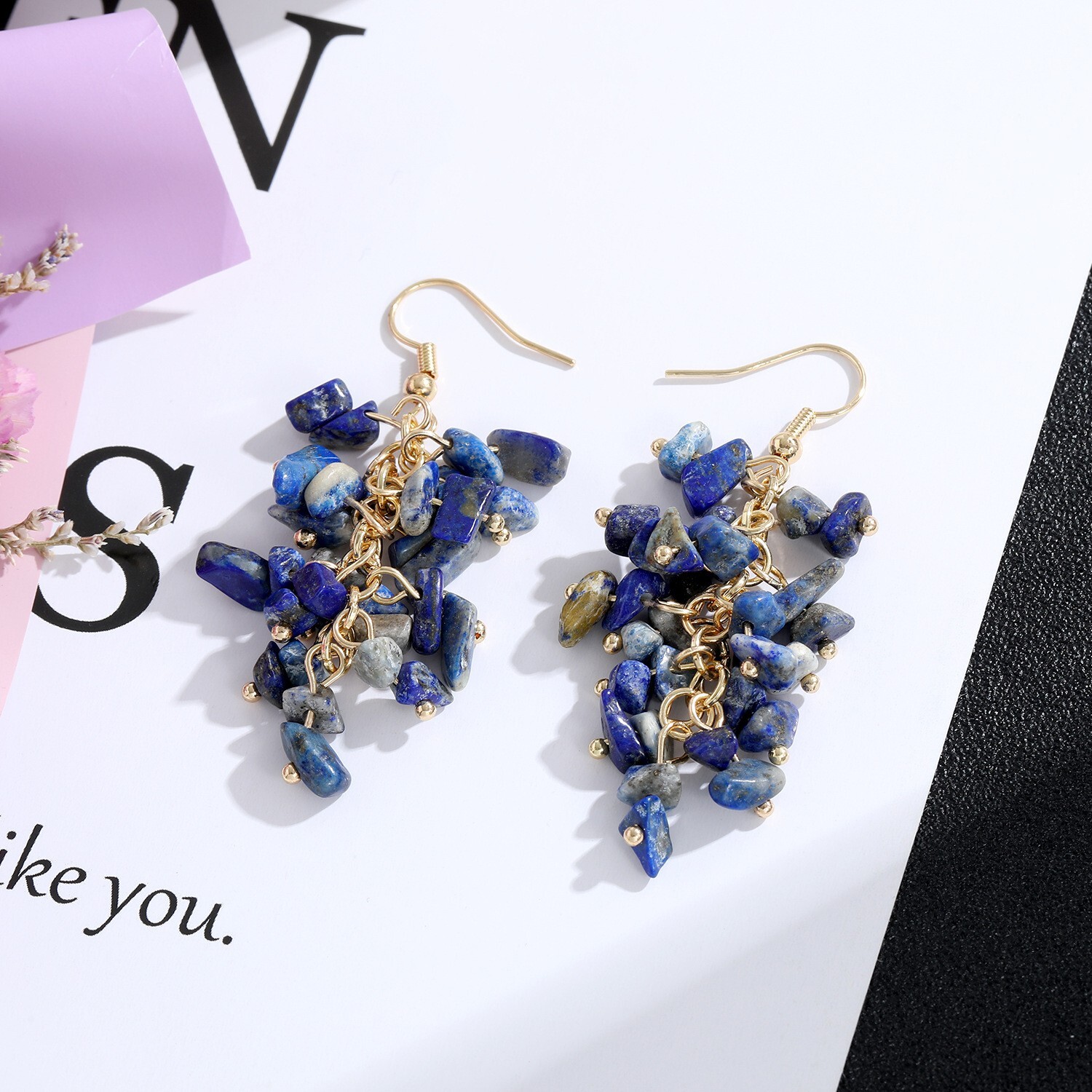 Handmad Retro 100% Natural Lapis Lazuli Stone Hook Dangle Earring