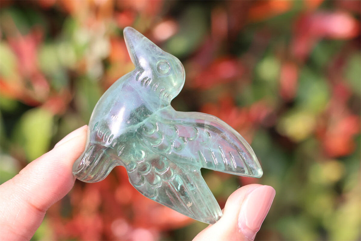 2.3” Carved Natural fluorite Hummingbird Crystal Skull decor reiki gift 1pc