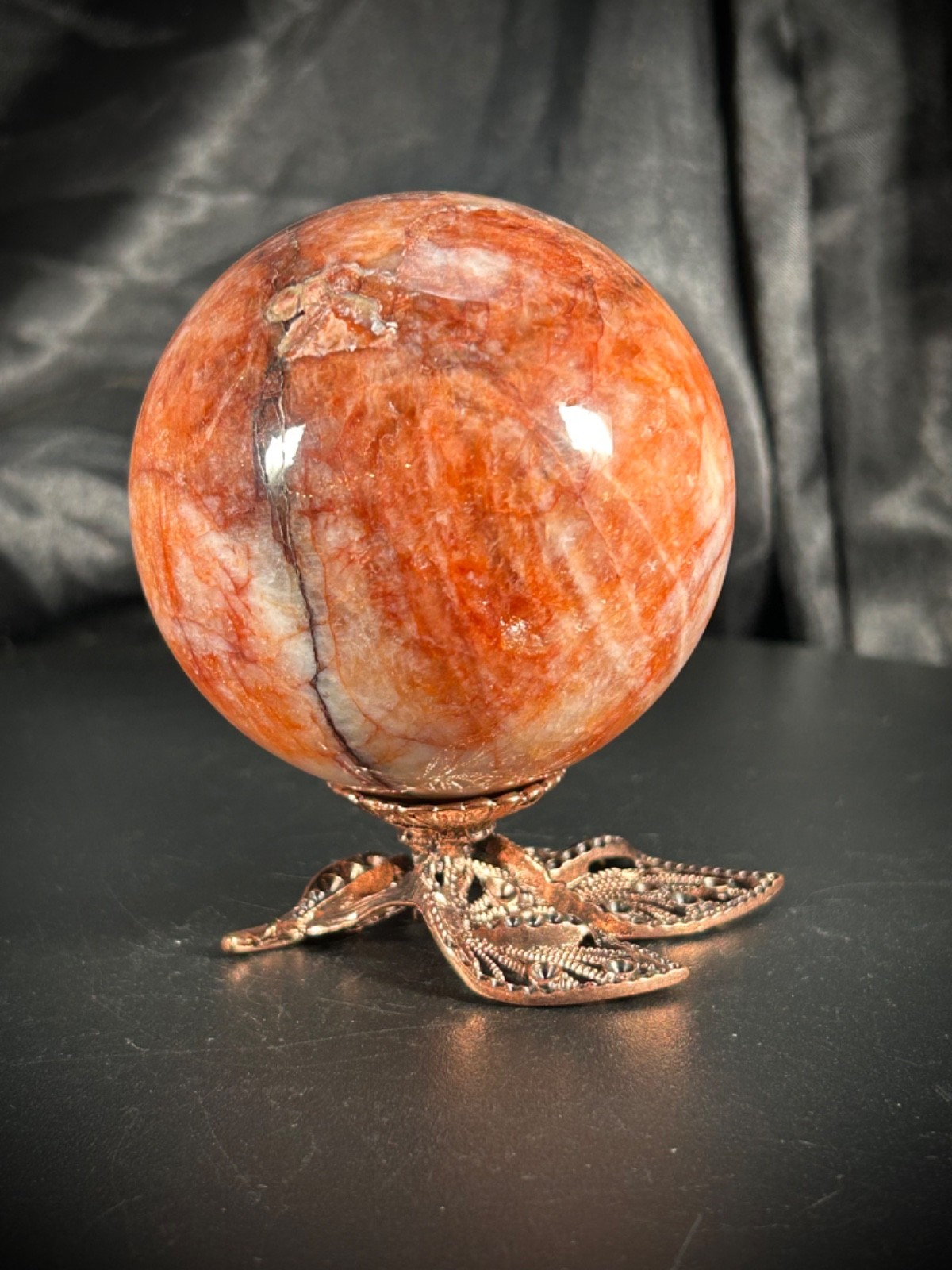 2.6″ Hematoid (Fire) Quartz Sphere With Unique Metal Stand 14.3oz (403 grams)