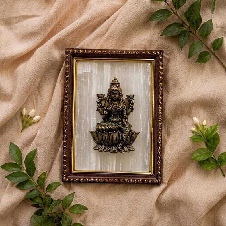 Pyrite Lakshmi Goddess Frame Selenite Crystal Wall Art Wealth Prosperity Decor