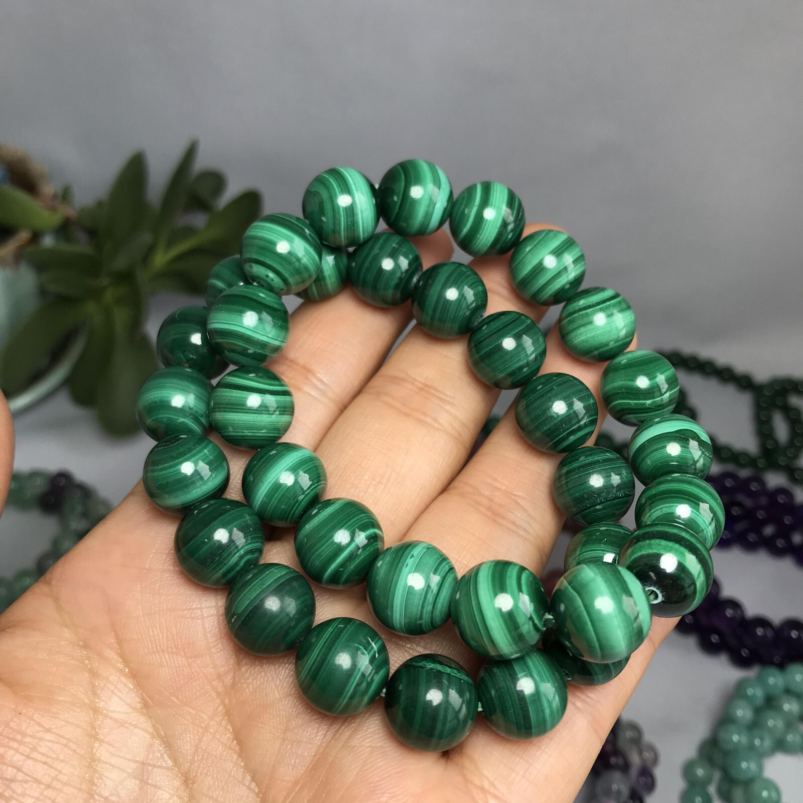 12mm Natural malachite gemstone Crystal chain beads bracelet 62-33g A5261