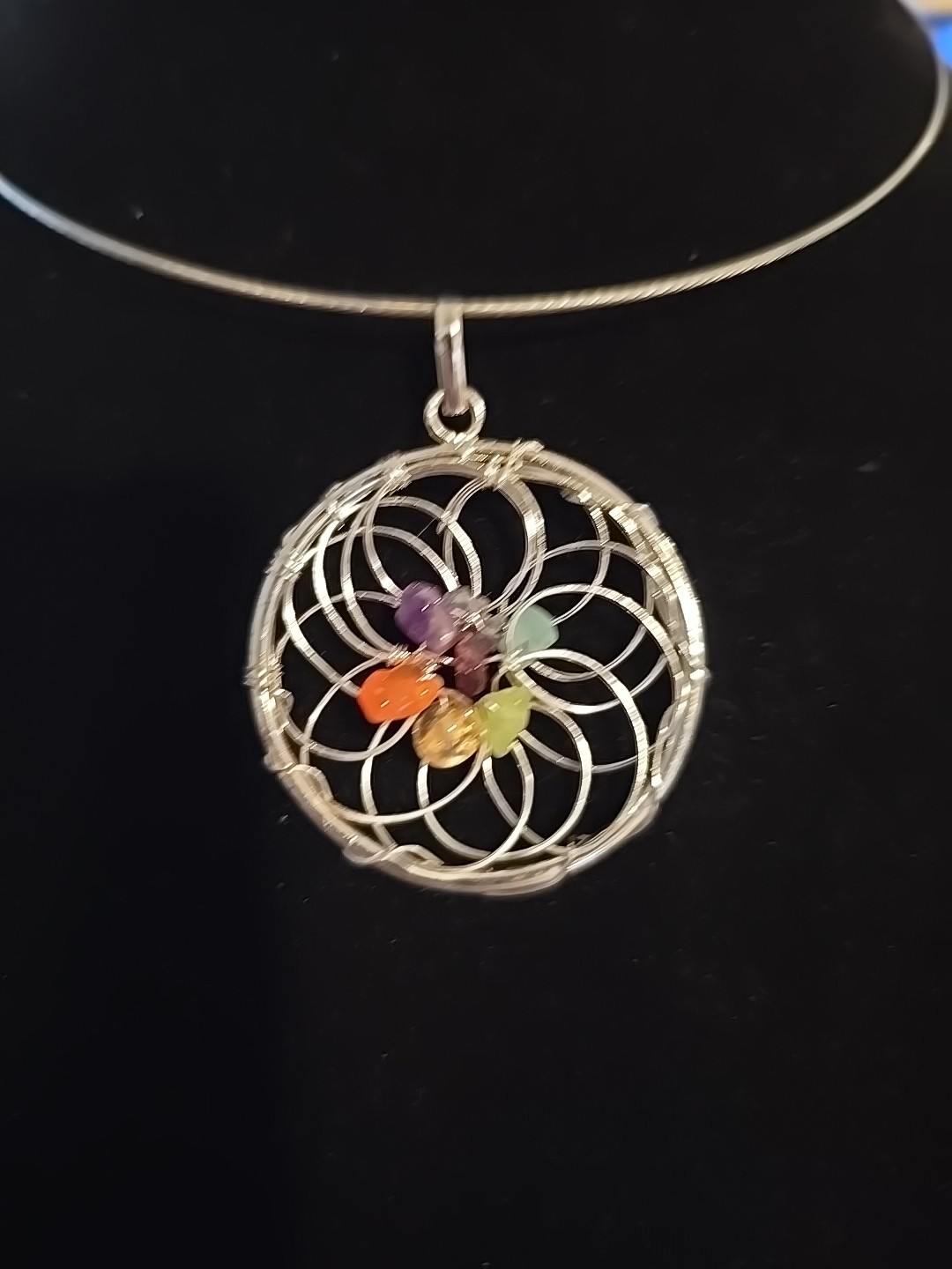 Chakra Gemstone Chip Woven Web Sacred Geometry Silver Pendant Choker Necklace