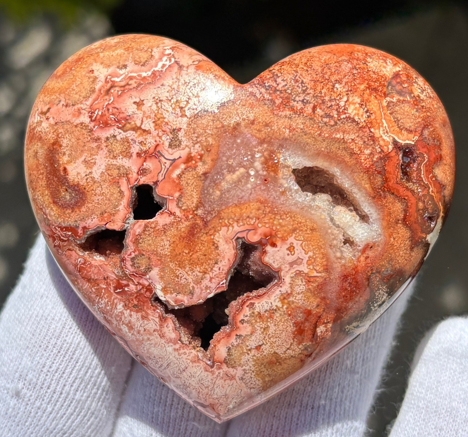 USA SALE 112g 2.6″ RED CRAZY LACE AGATE HEART PALMSTONE PALM STONE DRUZY VUG