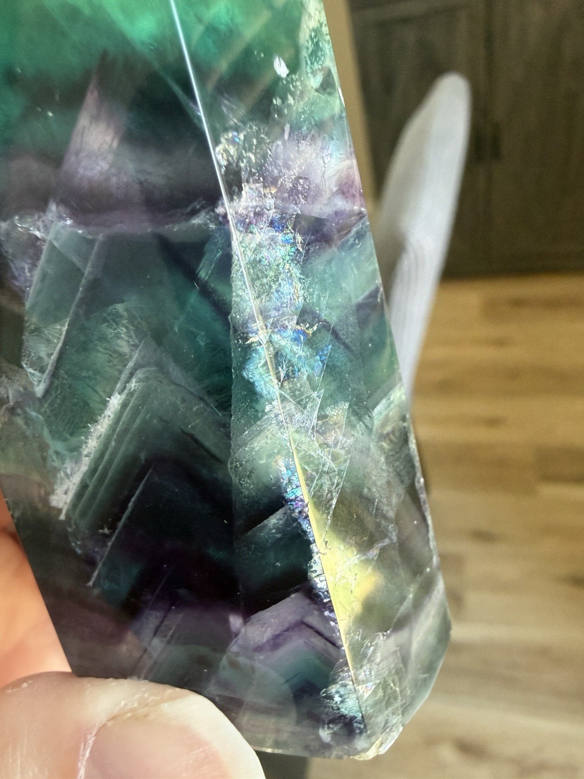 HQ Chevron Rainbow Fluorite Crystal Tower Purple Blue Green 4inch Tall Clear