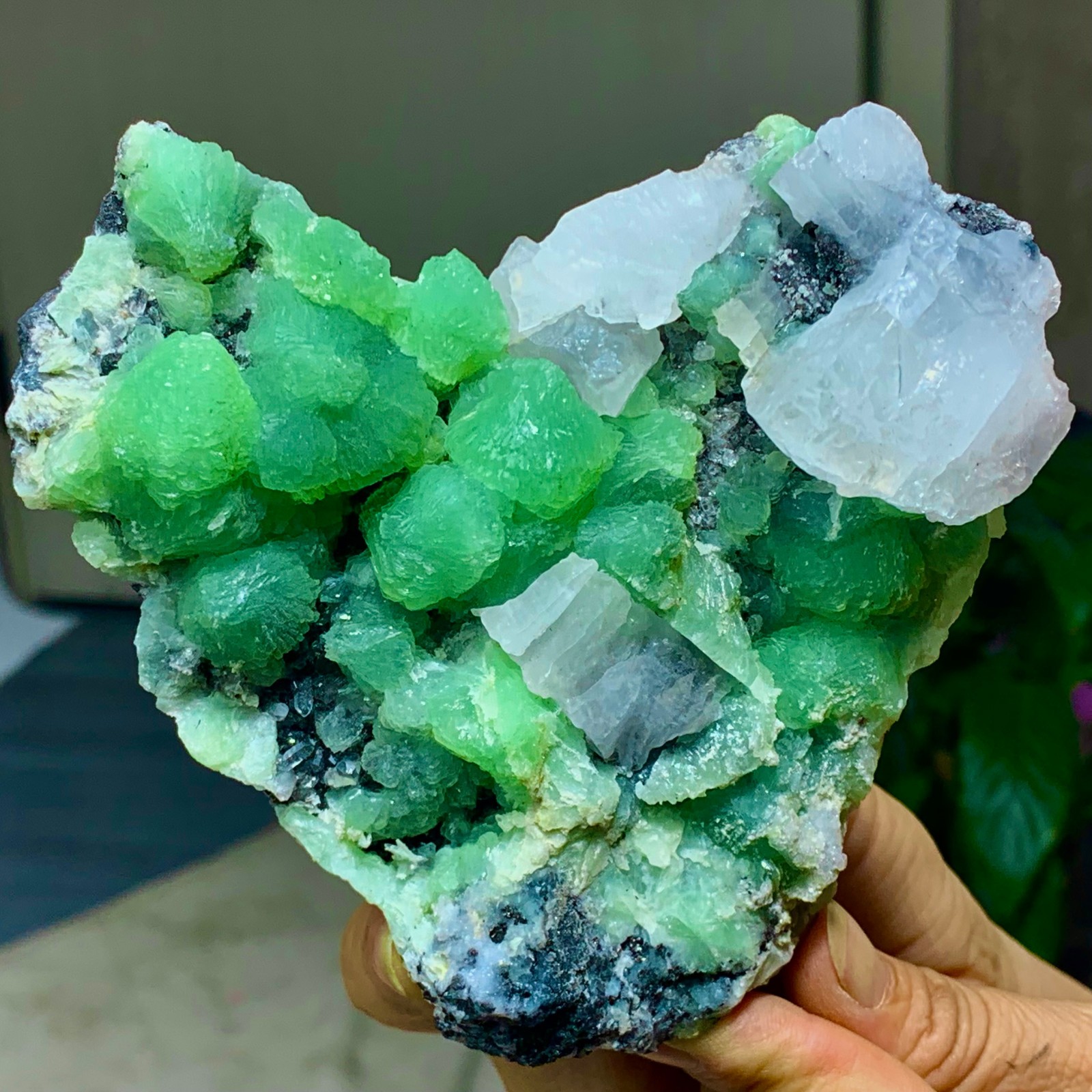 462G Natural beautiful spherical prehnite with calcite quartz crystal mineral