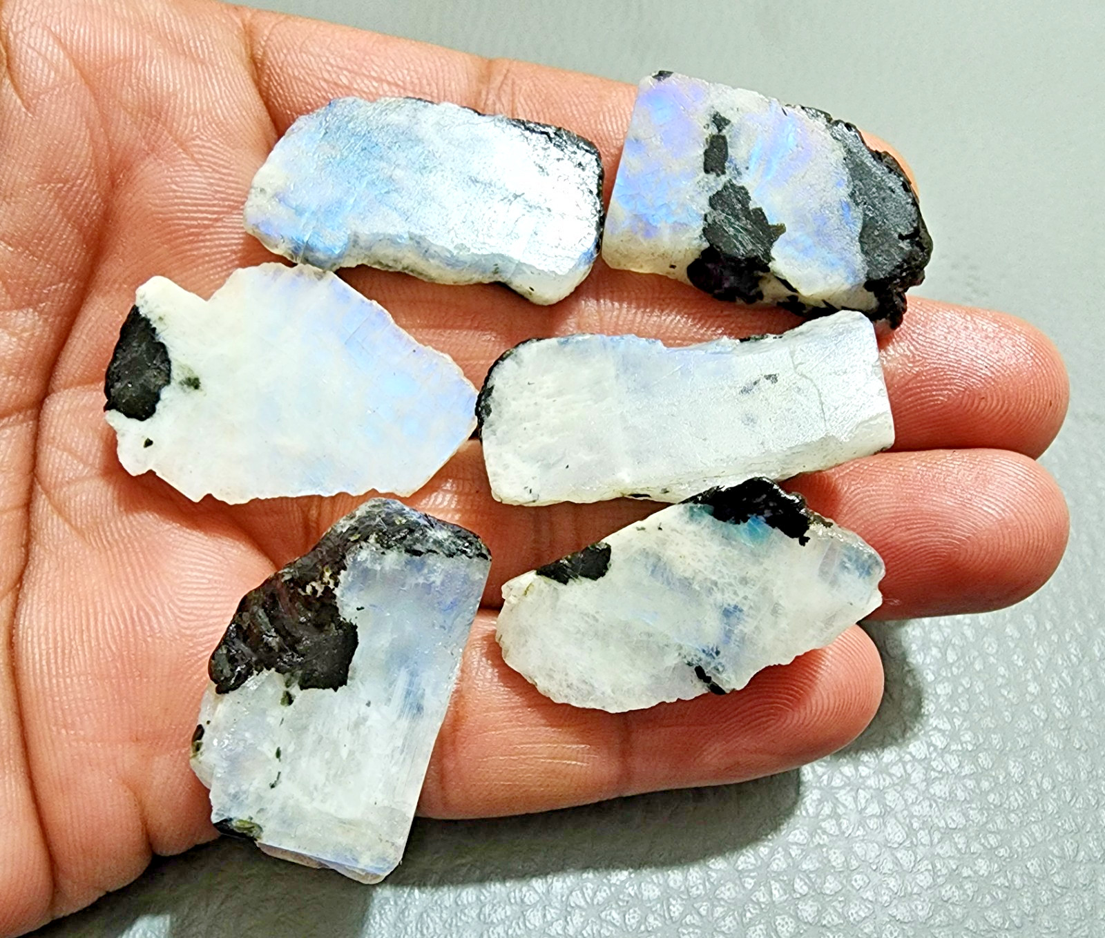 6 pcs Lot Natural White Rainbow Moonstone Power Blue Fire Rough Loose Gemstone