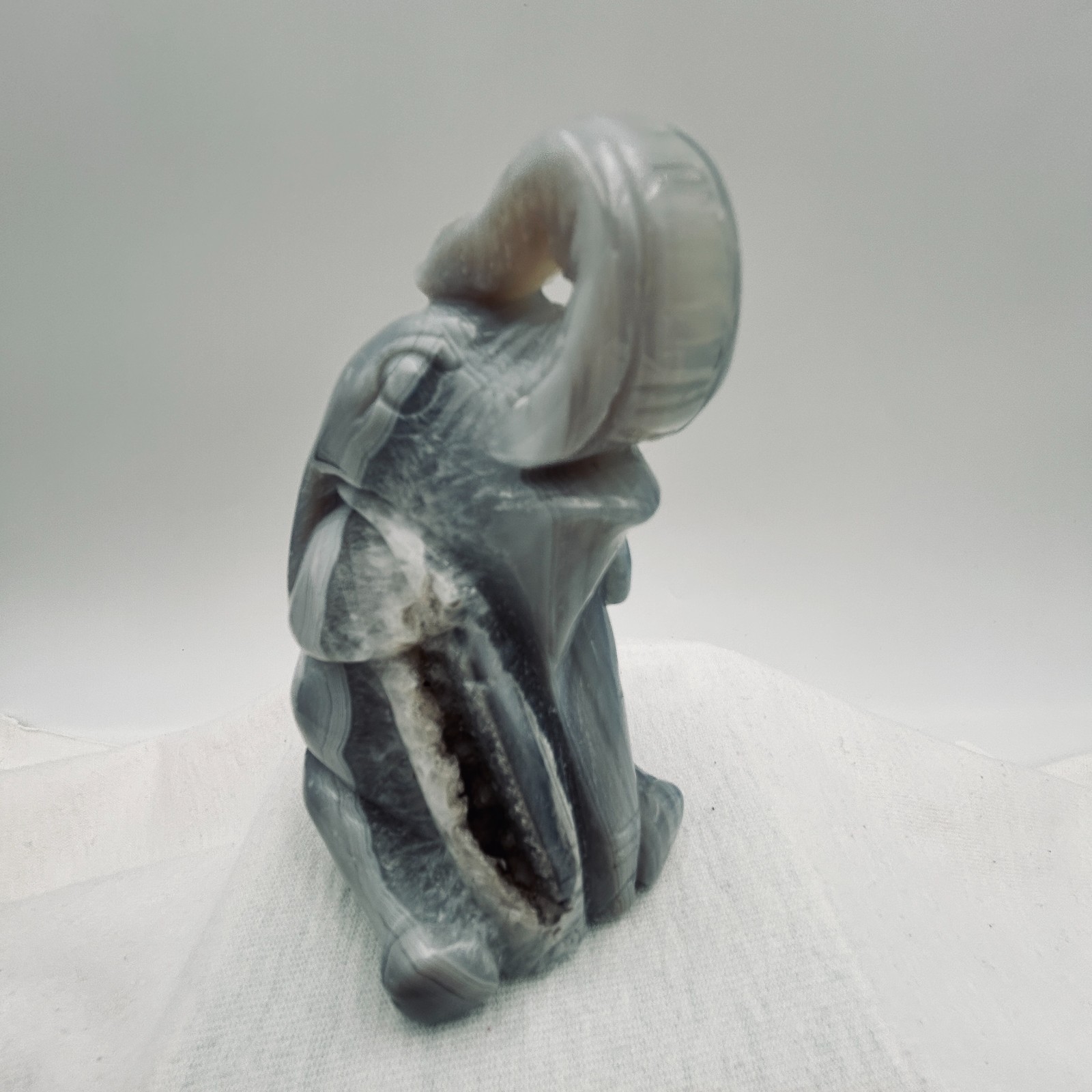 Hand Carved Lucky Elephant Gray Agate Crystal Druzy Geode Cavity 4 inch Figurine