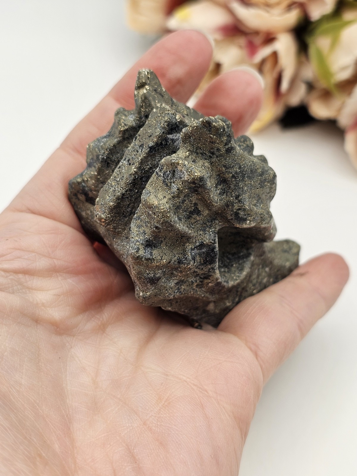 Pyrite crystal Dragon head Carving 6.7 X 4cm 193g Abundance Wealth