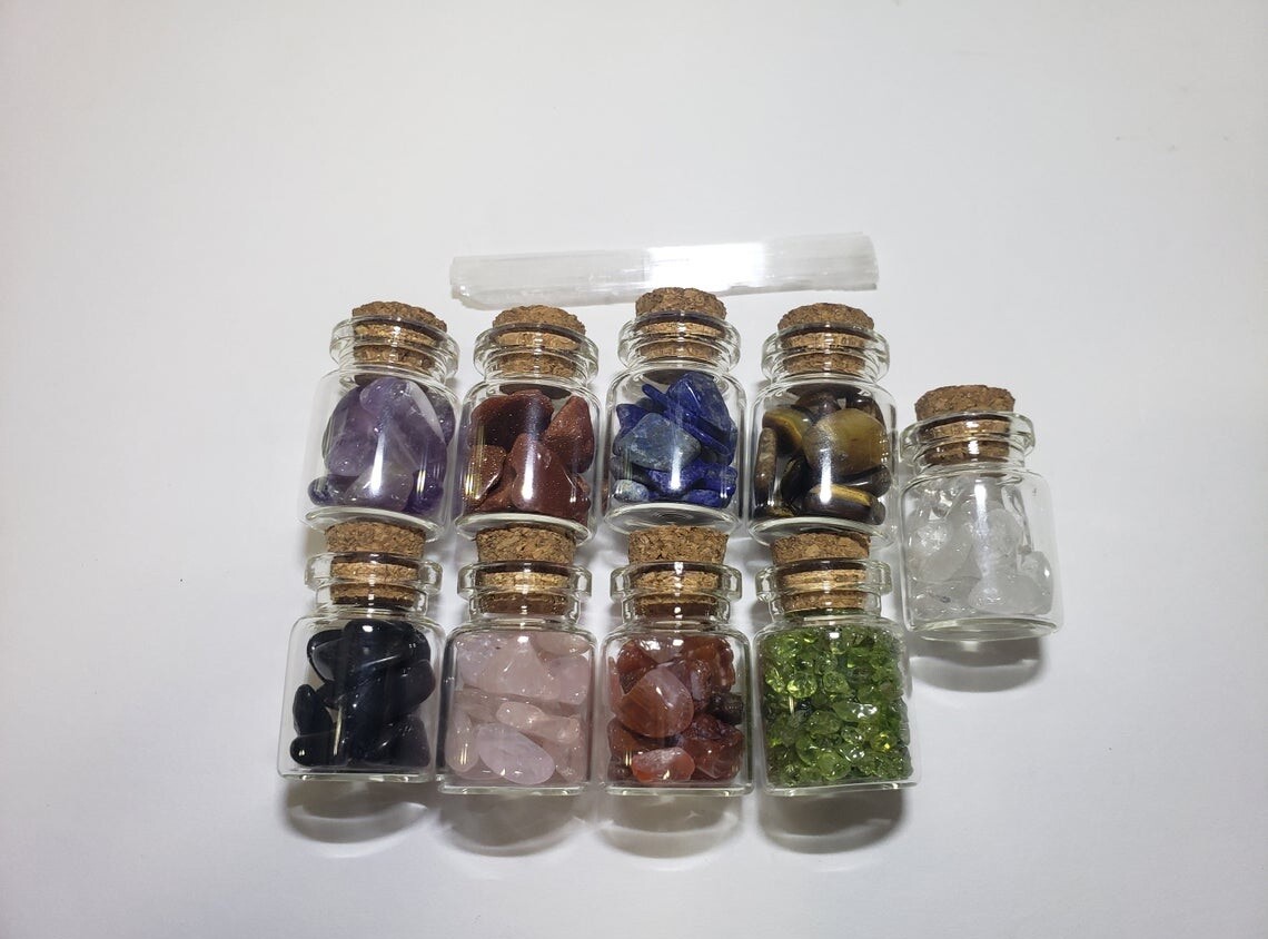10 piece- 5mL Glass Jars filled with Collectible Crystal Rock Quartz, Rose Tiger