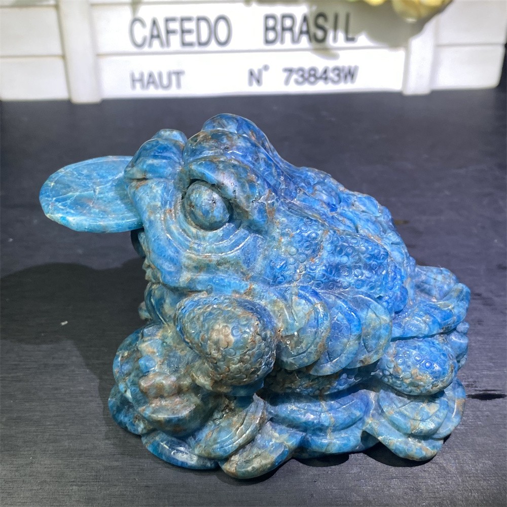 2.2LB 4″Natural A+Blue Apatite Golden Toad Statue Crystal Reiki Carving Decor