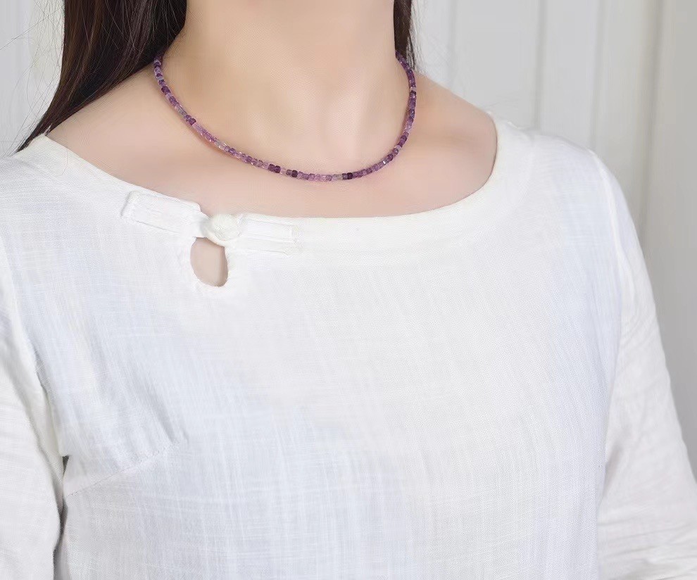 3.3mm Natural Purple Flourite Crystal Choker Healing Dainty Women’s Necklace