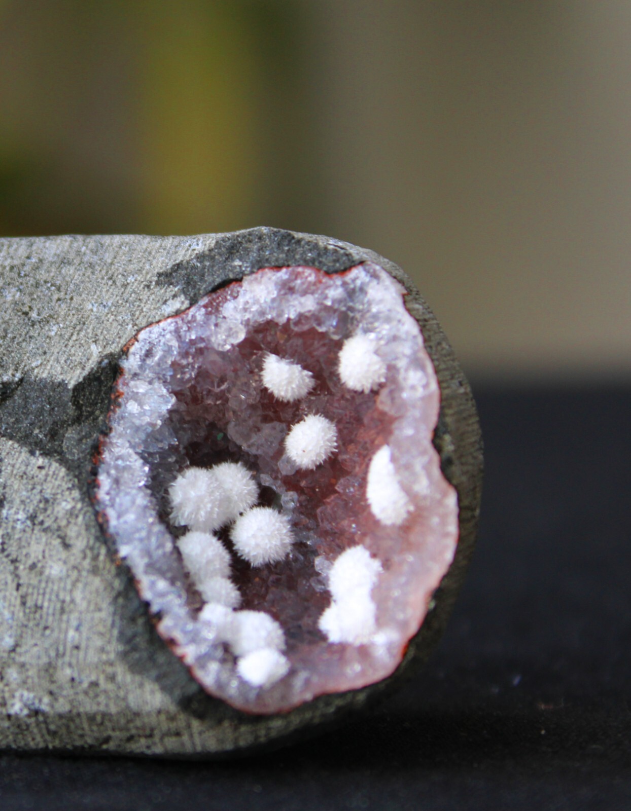Okenite Balls On Chalcedony Geode Minerals Specimen #BG18