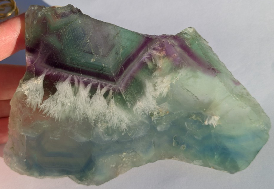 Purple Green Fluorite geometric banding w/snowflake feather slab crystal Unique!