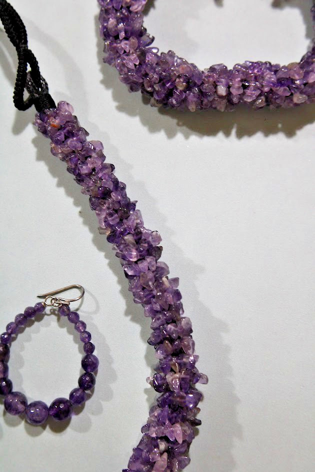 Vintage Natural Amethyst Chip Statement Necklace Bracelet Hoop Earrings Jewelry