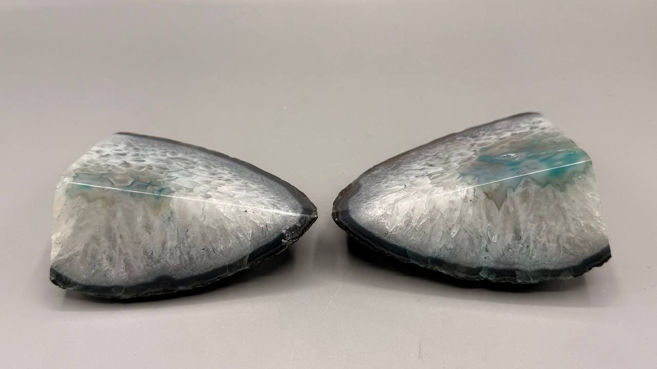 Natural Blue Agate Geode Bookends Pair 6 in Polished Crystal Stone Heavy Decor