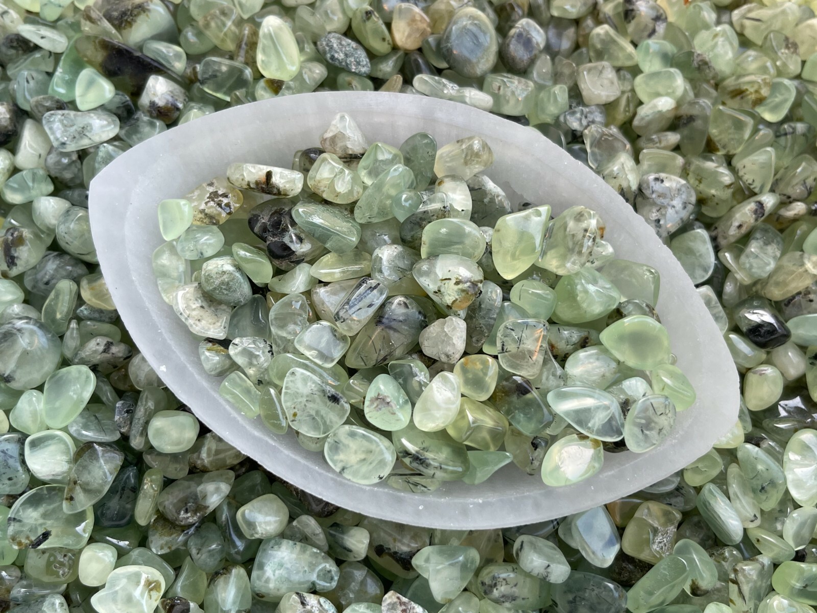 Grade A++ Green Prehnite Semi Tumbled Gemstone Chips 6-15 mm, Wholesale Bulk Lot